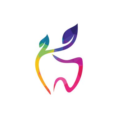 Doğal dişsel vektör logosu tasarımı. Diş ve yaprak simgesi logosu tasarımı.