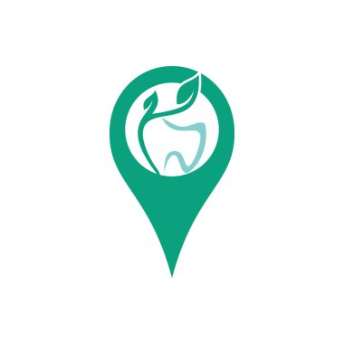 Diş ve harita işaretleyici logo tasarımı. Diş ve GPS yer bulucu sembolü veya simgesi.