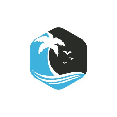 Plaj ve palmiye ağacı vektör logosu. Seyahat ve turizm tabelası.