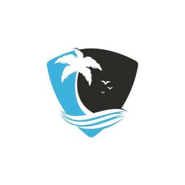 Plaj ve palmiye ağacı vektör logosu. Seyahat ve turizm tabelası.