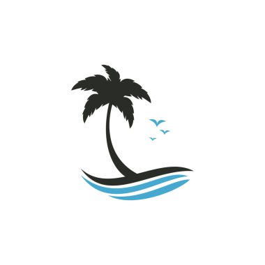 Plaj ve palmiye ağacı vektör logosu. Seyahat ve turizm tabelası.