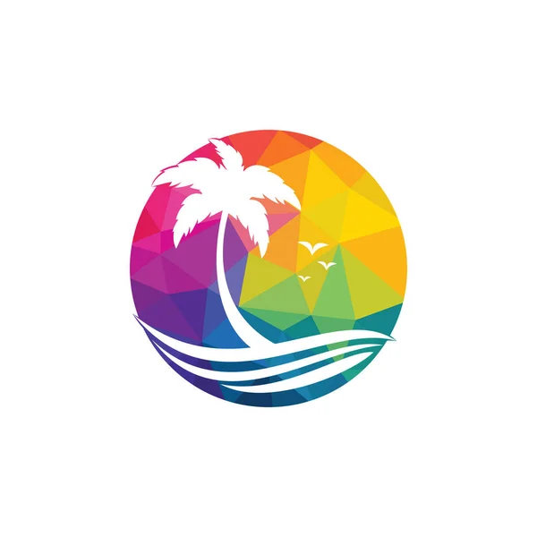 Plaj ve palmiye ağacı vektör logosu. Seyahat ve turizm tabelası.