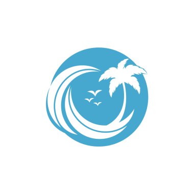 Plaj ve palmiye ağacı vektör logosu. Seyahat ve turizm tabelası.