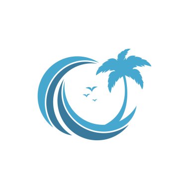 Plaj ve palmiye ağacı vektör logosu. Seyahat ve turizm tabelası.