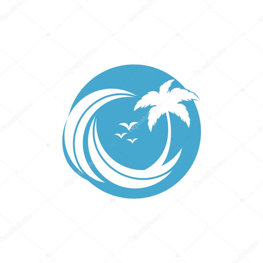 Beach and palm tree vector logo. Travel and tourism sign.