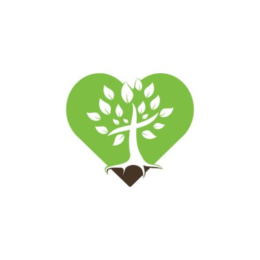 Soyut kalp ve ağaç dini haç sembolü simge vektör tasarımı.