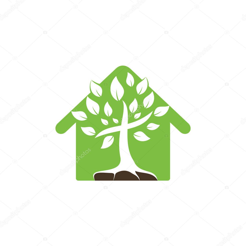 Abstract home and tree religious cross symbol icon vector design.