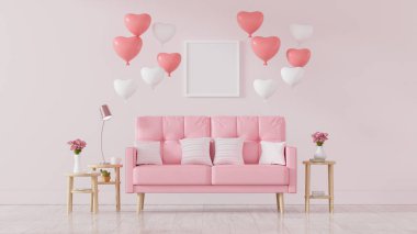 Kalp balonlarıyla süslenmiş pembe kanepe, sevgililer günü, Vintage Style, 3D çizim