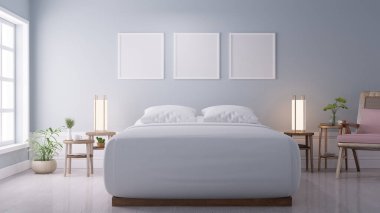 Basit bir yatak odası, duvarında büyük bir çift kişilik yatak, beyaz bir duvarda boş bir poster - 3D görüntüleme