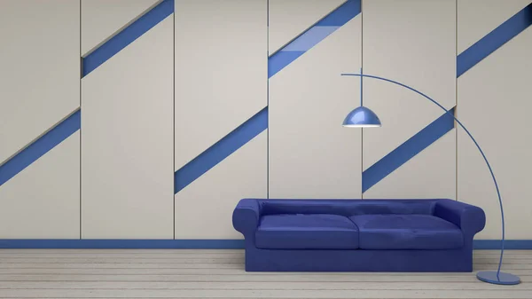 Renderização Sala Estar Moderna Sofá Violeta Lâmpada Placa Gesso Branco — Fotografia de Stock