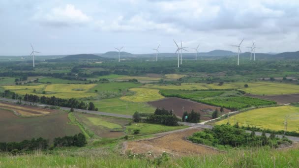 Malerische Landschaft des landwirtschaftlichen Feldes mit Windgenerator — Stockvideo
