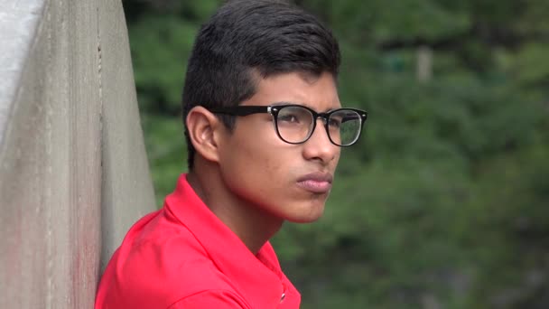 Ernster Teenager hispanischer Mann mit Brille — Stockvideo