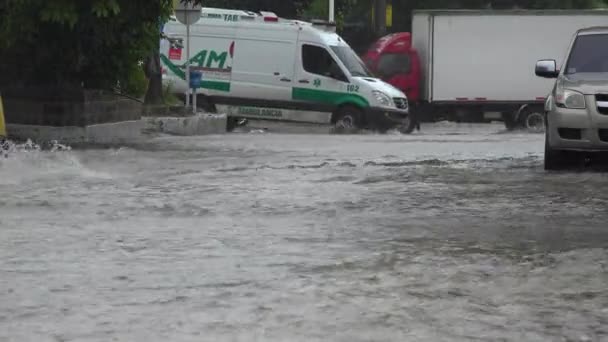 Наводненные Улицы Вода Время Шторма — стоковое видео