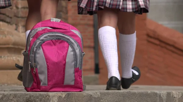 Mochila e estudantes do sexo feminino a pé — Fotografia de Stock