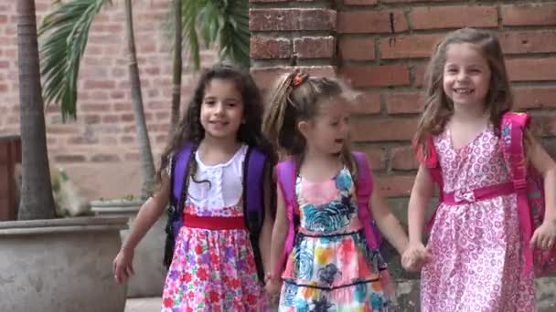 Children Walking Happy Kids Young Girls — Stock Video