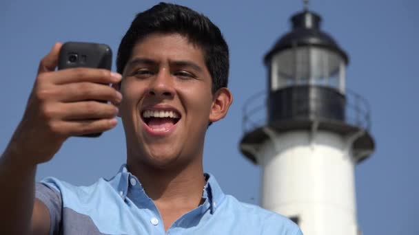 Teen Boy Travel Selfie At Lighthouse — Stock Video