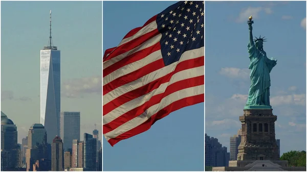 Us Flag Statue Of Liberty And Nyc — Stock Photo, Image