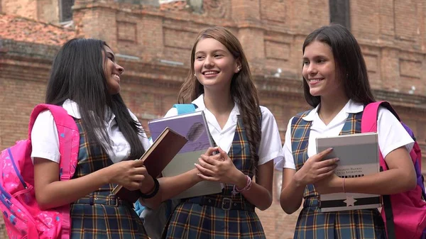 Happy School Girls In Uniform Holding Books — Stock Photo, Image