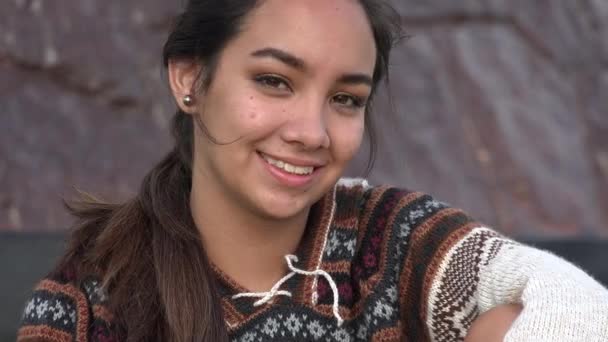 Sonriente adolescente peruano chica usando punto suéter — Vídeos de Stock