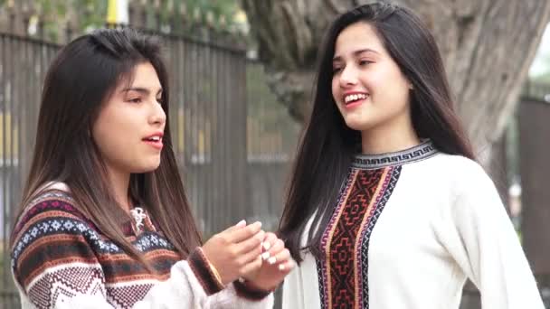 Ευτυχισμένος έφηβος κορίτσια μιλάμε Ισπανόφωνος Λατίνα — Αρχείο Βίντεο