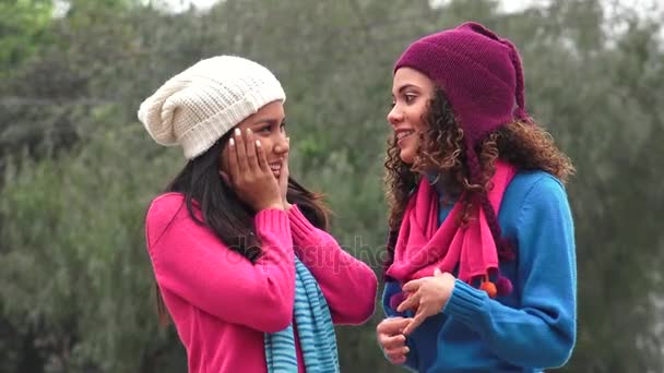 Spaanse meisjes vrienden praten truien dragen — Stockvideo