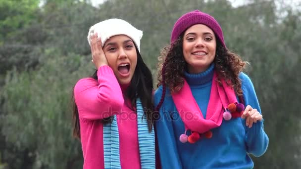 Друзья указывают на усталые свитера холодной погоды — стоковое видео