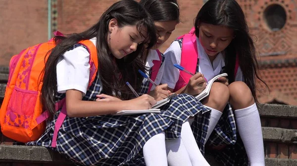 Hispanic Female Students Writing Wearing School Uniforms — Stock Photo, Image