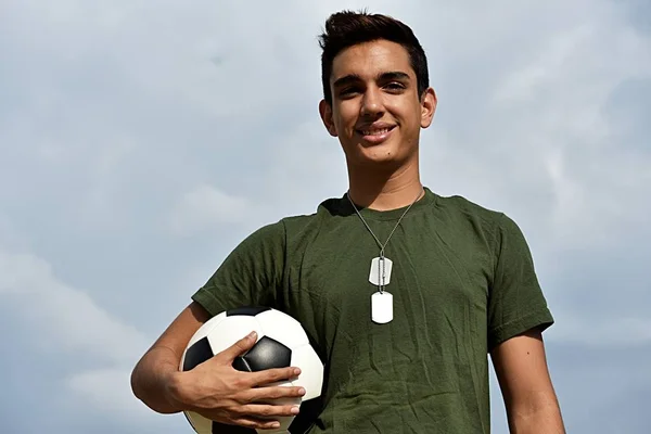 Athletic Hispanic Male Teen Soldier And Soccer — Stock Photo, Image