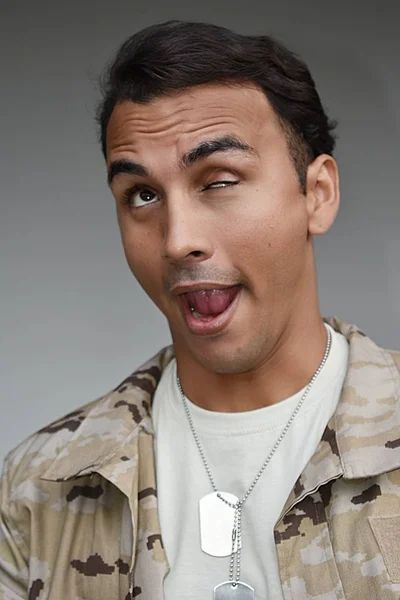 Male Soldier Making Funny Faces — Stock Photo, Image