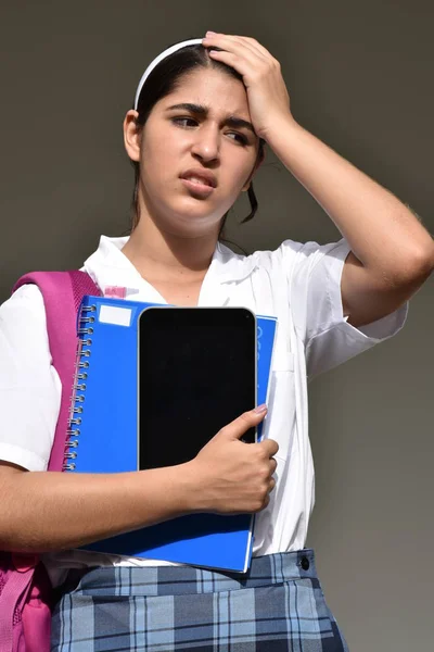 Mujer católica estudiante y confusión vistiendo uniforme escolar — Foto de Stock