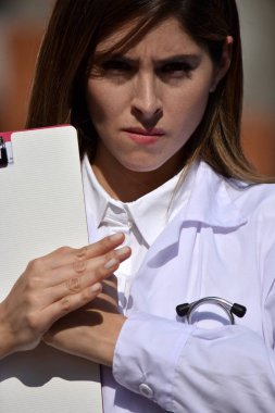 Kadın doktor ve laboratuar önlüğünü giyiyor öfke