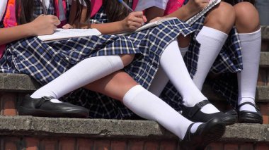 Okul etek ve beyaz çorap giyen çocuk