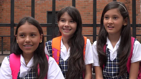 Smiling Cute Female Students Wearing School Uniforms