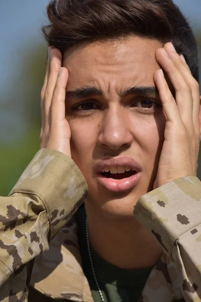 Startled Hispanic Male Soldier — Stock Photo, Image