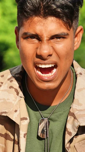 Mad Hispanic Male Soldier — Stock Photo, Image