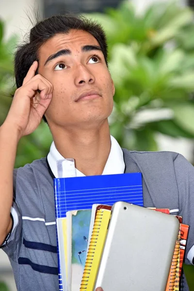 University Diverse Boy Student Thinking With Notebooks — Stock Photo, Image