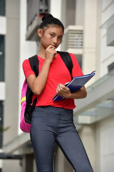 Школьная девушка позирует с блокнотами — стоковое фото