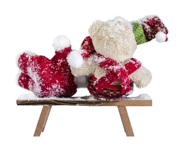 Weihnachtsdekoration Paar Teddybär sitzend Holzstuhl — Stockfoto