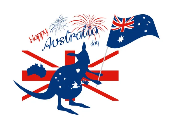 Bandera de canguro y australia con fuegos artificiales sobre fondo blanco — Archivo Imágenes Vectoriales