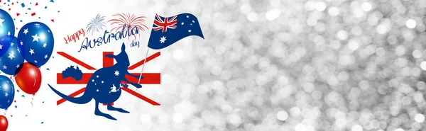 Känguru hält australische Flagge mit Feuerwerk auf silbernem Bokeh — Stockfoto