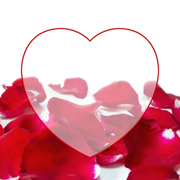 Blank heart and red rose petals on white background — Stock Photo, Image