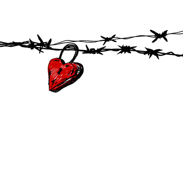 Love concept of hand drawn heart master key on barbed wire