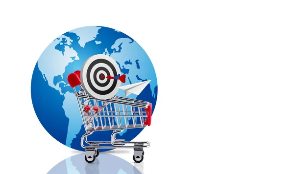 Online shopping and target concepts of shopping cart and dart board with globe isolated on white background — Stock Photo, Image