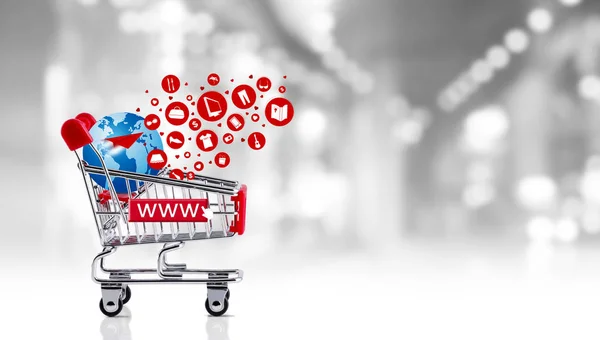 Online shopping concept of shopping cart with globe and icon design — Stock Photo, Image