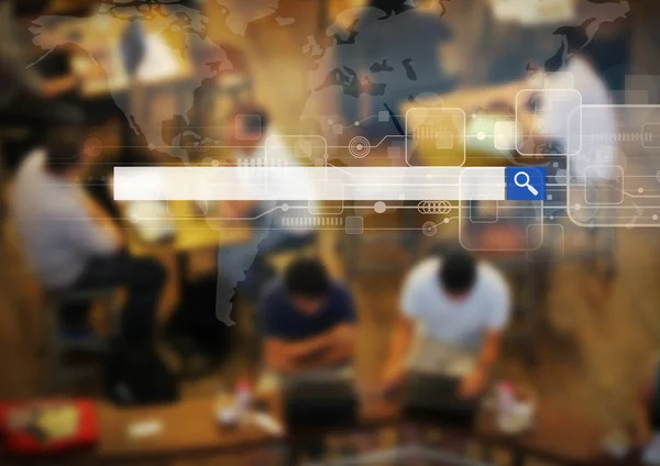 Barra de búsqueda en blanco en las personas en el fondo de la cafetería — Foto de Stock