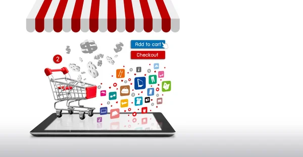 Online shopping concept of shopping cart on digital tablet and icon design on white background — Stock Photo, Image