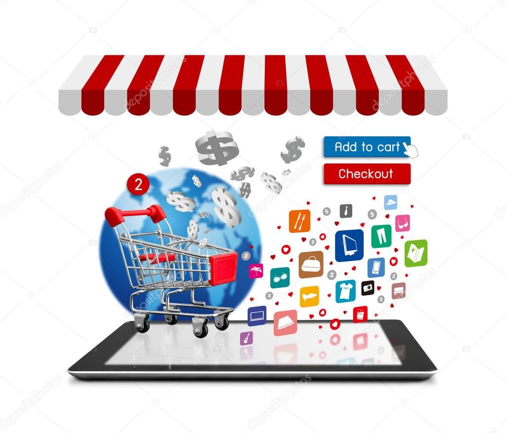 Online shopping concept of shopping cart on digital tablet and icon design on white background
