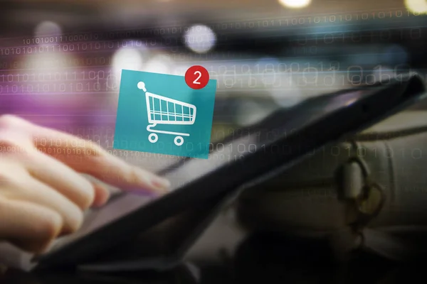 Online shopping concept of young woman hand add to cart by using digital tablet — Stock Photo, Image
