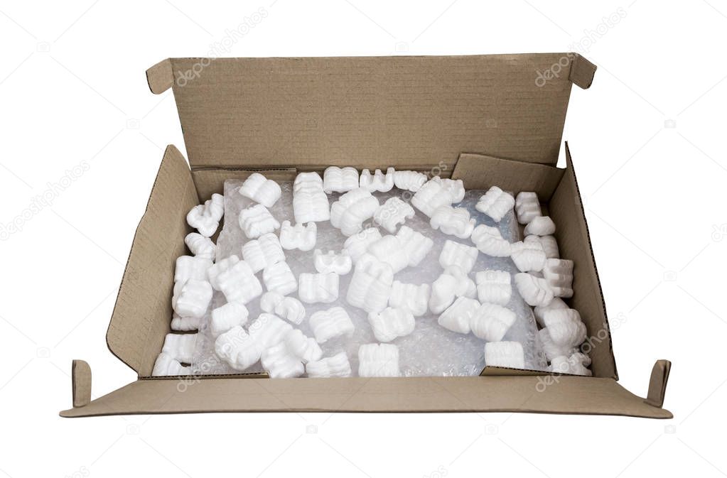 Foam cushioning in brown box isolated on white background with clipping path