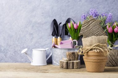 Ev ve Bahçe kavramı Bahçe aletleri ve eski ahşap çiçekler